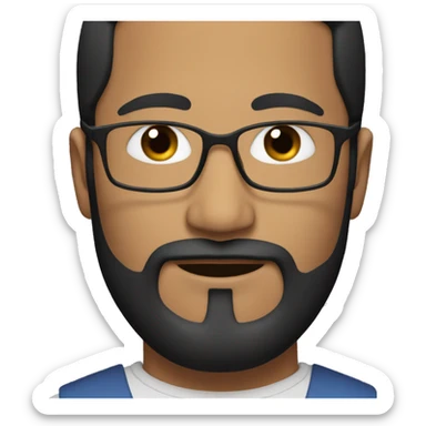 Man with short black hair, black beard and glasses that has rectangle shape sticker