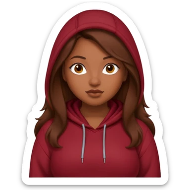 Curvy pretty brown girl with long brown hair, wearing a dark deep red hoodie sticker