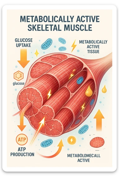 a highly detailed cross-section of human skeletal muscle fibers, shown in vibrant red and pink tones, with visible striations and realistic texture. Glowing arrows and animated icons represent active metabolic processes—such as glucose uptake, fat oxidation, and ATP production—occurring within the muscle tissue. Surrounding the muscle, floating symbols for mitochondria and energy highlight its metabolic activity. The background is clean and clinical, with subtle labels and infographics explaining that muscle is a metabolically active tissue. The overall style is modern, scientific, and visually engaging, suitable for educational or medical use. in italiano sticker