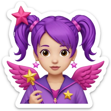 Create an emoji of a fairy-like woman with purple hair tied into two pigtails, red stars in her hair, wearing a pink outfit and pink wings. She is holding a pink star-shaped wand and wearing purple circular earrings. sticker