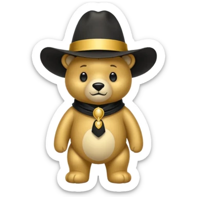 Oso dorado con un sombrero elegante    negro y  en   su cuello un moño negro sticker