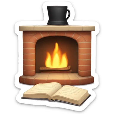 Create a cute and cozy emoji of a fireplace with a soft, crackling fire, and a pair of slippers and a book nearby. sticker