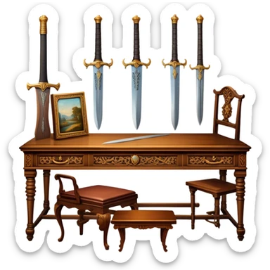 Icon for Antiques Collecting: vintage intricately carved furniture, famous paintings, antique swords, and rifles. The items are displayed on a wooden table or shelf. The icon should evoke the rich history and craftsmanship of antique collecting. Transparent background. sticker