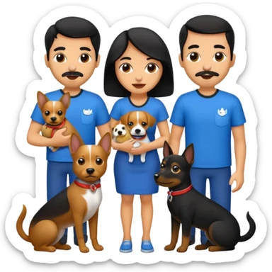 Pareja hombre y mujer, pelo negro ambos, y con dos perritos pincher en sus brazos sticker