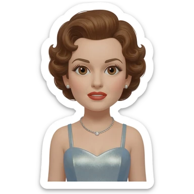 Judy Garland with brown eyes, brown hair, light steel blue metallic dress, silver necklace sticker