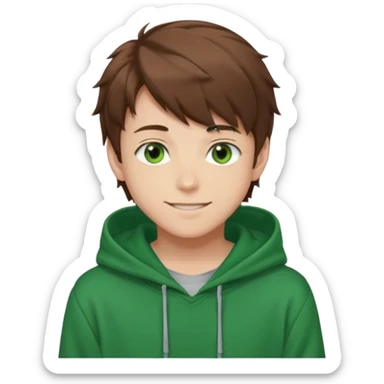 Anime teen boy with brown hair, green eyes, and a green hoodie, looking smiling slightly sideways positioned. 128px sticker