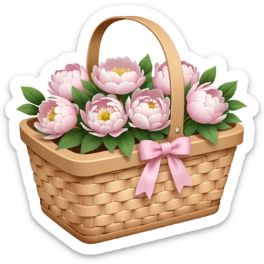 White Picnic basket with light pink bow and white peonies inside sticker