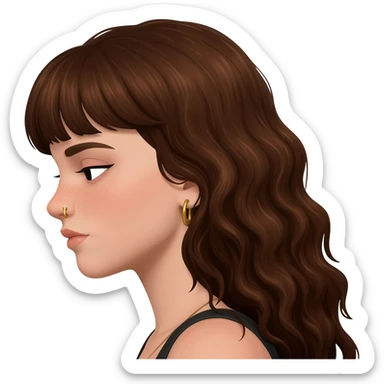 From a side profile view. Make her head lean even more forward and make it a girl with long brown curly hair and bangs and a septum nose ring gold hoop and make her head lean forward more sticker
