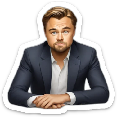 Leonardo DiCaprio sitting on the white table and trying to solve a problem in his business sticker