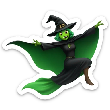 Flying green witch with black cape sticker