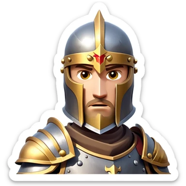 clash-of-clans-aesthetic_-cinematic-fearsome-and-majestic-knight-bust-portrait-emoji, rendered in a flat, vector-style with minimal shading and bold, simplified shapes, depicting a battle-ready medieval knight with steely eyes and intricate armor, mounted on a warhorse reflecting sunlight over a misty battlefield. sticker