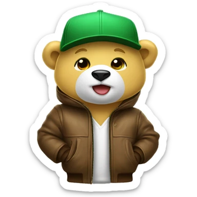 Yellow bear cub with white muzzle and Green baseball cap and wearing brown bomber jacket with Fur hood. sticker