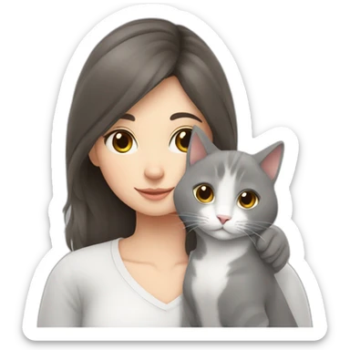 Grey white cat cuddles brunette girl sticker