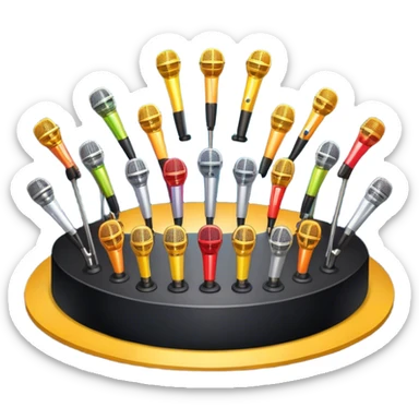 Create a vibrant and dynamic emoji that represents choral vocal performance. The design should feature 10 vintage stage microphones arranged in a semi-circle on a concert stage, symbolizing a vocal group or choir. Add musical notes flowing around the microphones to represent harmony and unity in the performance. Include concert lighting and a celebratory atmosphere to convey the excitement of live music. Use bright, bold colors like red, gold, and silver to emphasize the energy and glamour of the stage. The background should be transparent. sticker