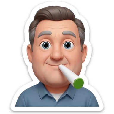 Chubby goofy looking middle aged  white guy with dark brown, but graying hair, Smoking A SUPER HUGE white and green smoking doobie sticker