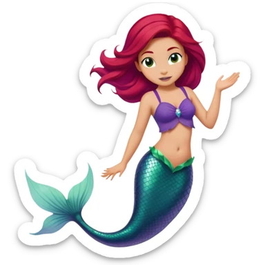 Disney Ariel mermaid with red hair swimming, green fish tail, purple top sticker