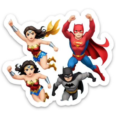 Justice League dynamic action scene with Flash, Wonder Woman, Superman, Aquaman, and Batman in emoji style sticker