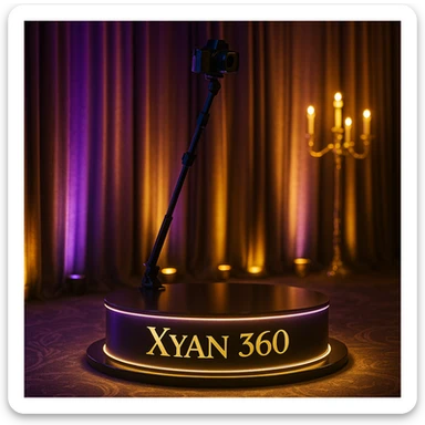 A spinning camera platform with 'Xyan 360' in gold, illuminated by purple and gold LED lights, sophisticated and festive luxury event style sticker