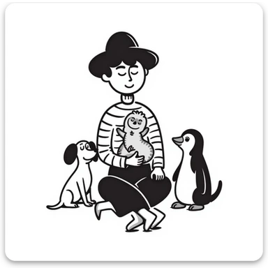 hand-drawn doodle of a sleepy, creative musician with dachshund, penguin, and sloth, wearing stylish clothes sticker