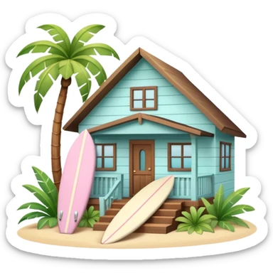 Hawaiian bungalow house, pastel colors, wooden porch, surfboard leaning on wall, palm leaves, tropical vibe, cute mobile game icon style, 3D cartoon, clean background, no text
 sticker