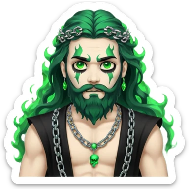 hades greek god with green flames and beard with chains on his arms and neck, Long wavy hair. He has some skull accessories Dynamic pose sticker