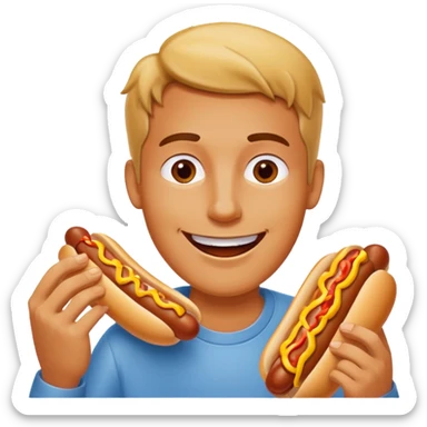 A man eating a chili-covered hot dog with delighted eyes.






















 sticker