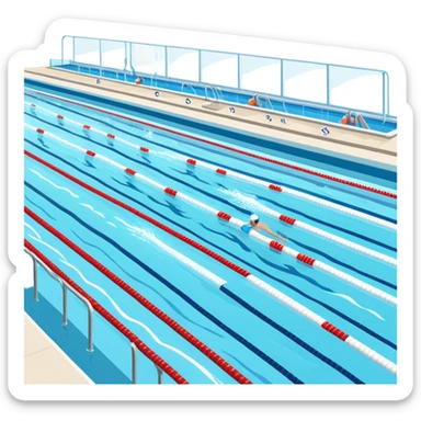 An icon featuring an Olympic swimming pool with multiple lanes and swimmers racing side by side. Splashes and lane dividers highlight the competition atmosphere. Transparent background emphasizes the energy, speed, and intensity of professional swimming events. sticker