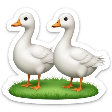 white geese standing on a small green hill, front view, foggy sticker