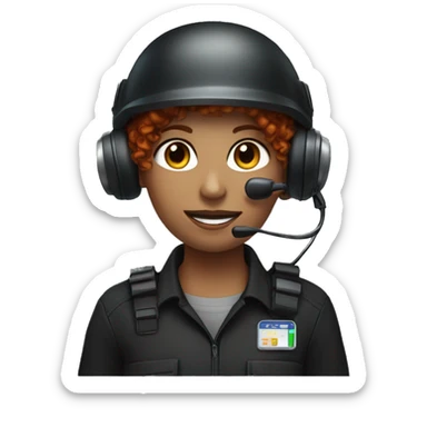 operator dressed in black with a milatary helmet, without glasses, wearing a headset, ready to respond to alerts, preferably curly redhead female  sticker