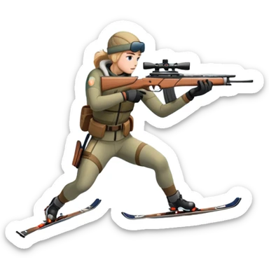 An icon showing a snowy landscape with pine trees, mountains, and a clear sky with a biathlete aiming a rifle in the foreground, wearing winter gear and skis. Transparent background emphasizes the precision, endurance, and beauty of this winter sport. sticker