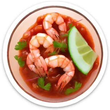 Shrimps in clear glass with red sauce and chopped cilantro and onions cucumber  sticker