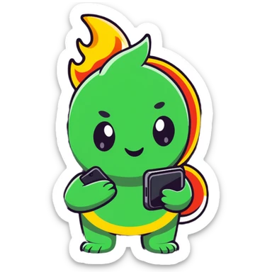 Adorable battle royale character celebrating a victory, with a smartphone showing Free Fire game, surrounded by small stars and flames sticker