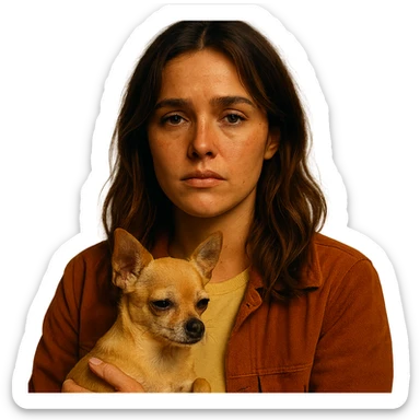 Portrait for Instagram profile picture inspired by the facial features visible in the reference images, with a tanned complexion, subtle freckles, wearing a shirt color #FFF8CA and a rust-colored jacket, medium-length brown hair with auburn highlights, tired and resigned expression, holding a beige-brown chihuahua, in the style of a Netflix series, intimate Tenerife ambiance, transparent background. sticker