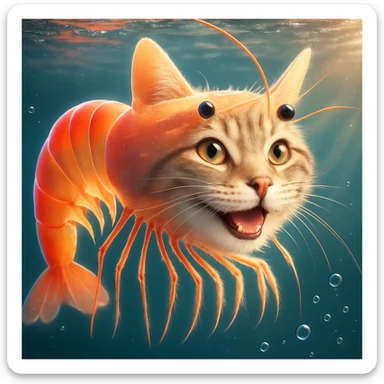Change the expression of the cat-shrimp creature to happy, keeping all other details and colors the same, in a style consistent with the original image. sticker
