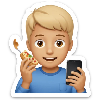 a boy watching videos on his phone while eating, cheerful expression sticker