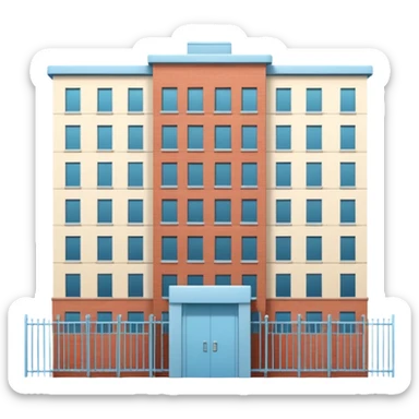 light blue rectangular 9-story apartment building surrounded by fence, closed courtyard, minimal flat vector icon, friendly clean design sticker