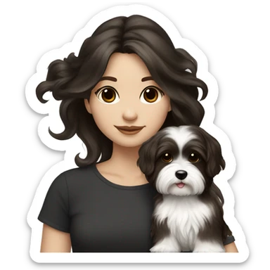 young female artist tan with long dark brown hair painting black+white havanese sticker