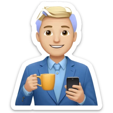 Confident and outgoing male entrepreneur, Caucasian features, blonde hair, big friendly smile, expressive eyes, defined eyebrows, wearing a blue blazer over a light blue shirt, holding a smartphone in one hand and a coffee cup in the other, waist-up, front-facing sticker