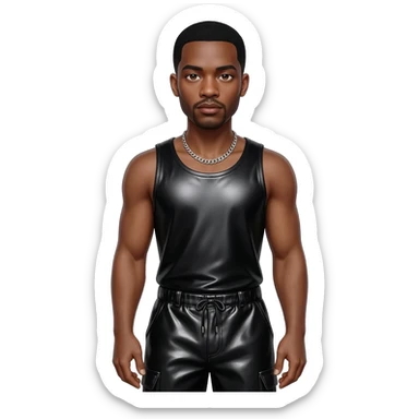 Usher with brown eyes, black hair, black metallic boat tank top, black metallic baggy dress pants, silver necklace sticker