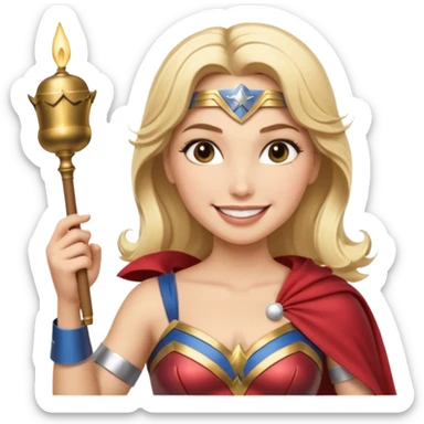 Blonde Wonder Woman holding short white orchestra conductor’s baton and bell sticker