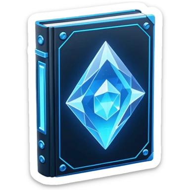 Futuristic holographic data book icon, dark sci-fi interface style, crystal neon blue light, sharp geometry, high tech game UI icon, minimalistic, cyber space theme, volumetric glow, centered, transparent background, no cartoon, no cute, no emoji face, 100x100 px sticker