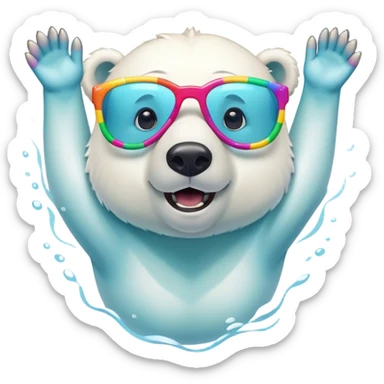 friendly anthropomorphised polar bear swimming in a crawl pose, wearing oversized colorful star glasses, excited expression, no festive outfit sticker