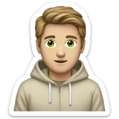 white guy in beige hoodie with brown hair and white shoes and a white gray pants and green eyes sticker