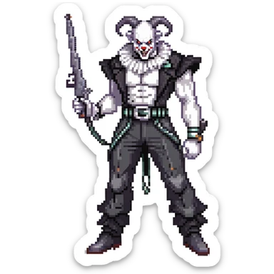 full-body muscular demonic clown in a black and white leisure suit with bellbottom pants, bald, with black ram horns, flashy black and white belt, ruffled white shirt, no neck tie, large fangs, holding a very large futuristic rifle sticker