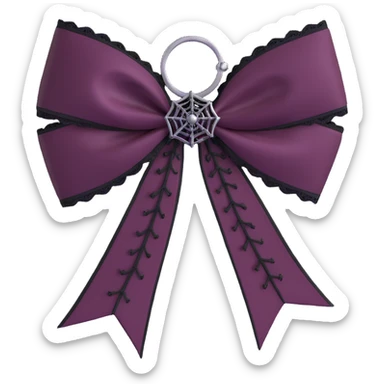 gothic bow, dark wine satin, black lace trim, silver spiderweb charm, moody and elegant sticker