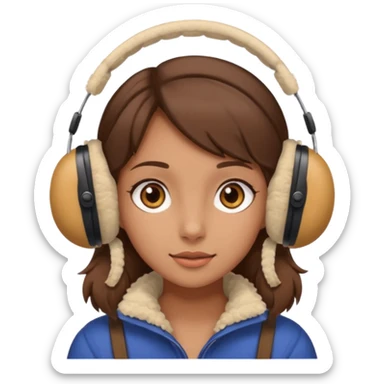 A girl wearing beige ear muffs, tan skin, brown hair, brown eyes sticker