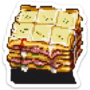 Square piece of lasagna with distinct layers of pasta, meat, and cheese sticker