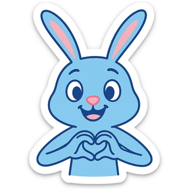 A skinny blue pastel bunny making a heart gesture with its hands, cute, smiling, friendly, with no background. Remove the background to isolate the subject. sticker