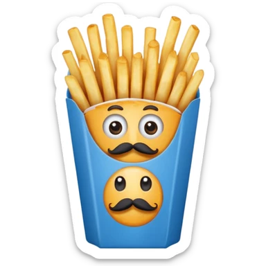 long slim crispy fries in a blue carton, carton has eyes and mustache sticker
