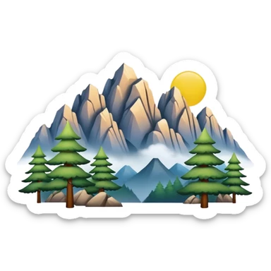Yellow Mountain Huangshan misty peaks, simplified emoji style with bold outlines and bright colors, cartoon style mountain peaks with pine trees sticker